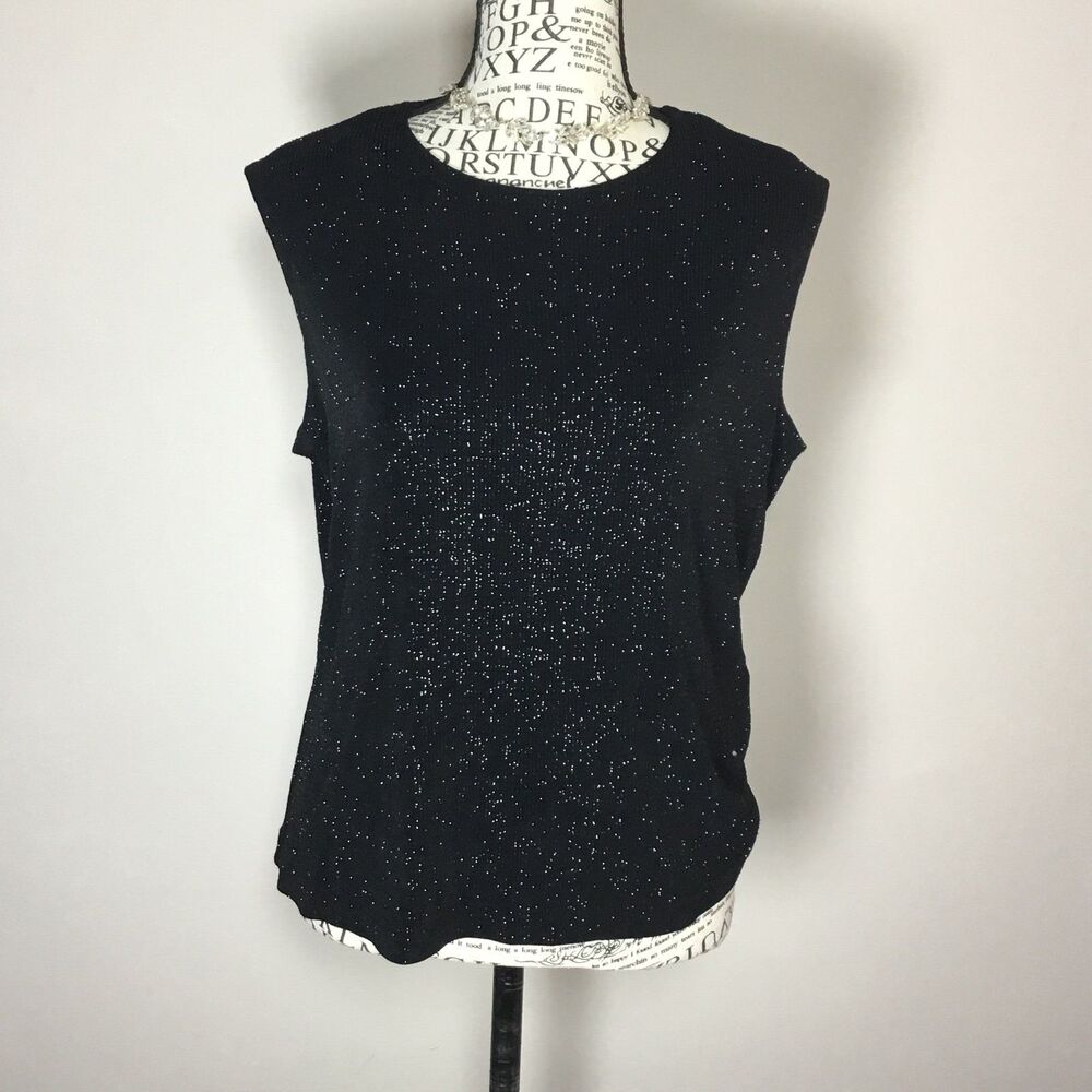 Black silver sparkle stretchy tank going out party bling evening wear glam L